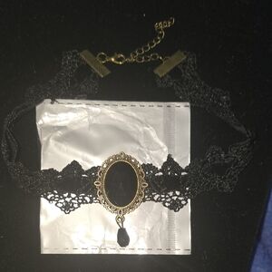 Black Lace And Velvet Choker with Faux Onyx Chrystal Pendant